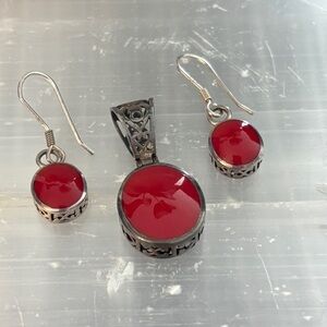 Silpada Sterling Silver Red Cabochon Filigree Pendant & Earrings Set 925